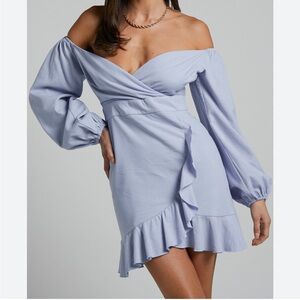 Showpo Womens Linen Blend Off-Shoulder Light Blue Ruffle Dress